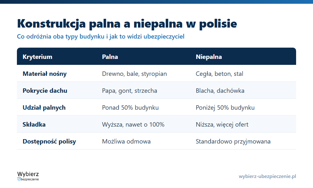 Porównanie konstrukcji palnej i niepalnej: materiały, pokrycie dachu, składka i dostępność polisy