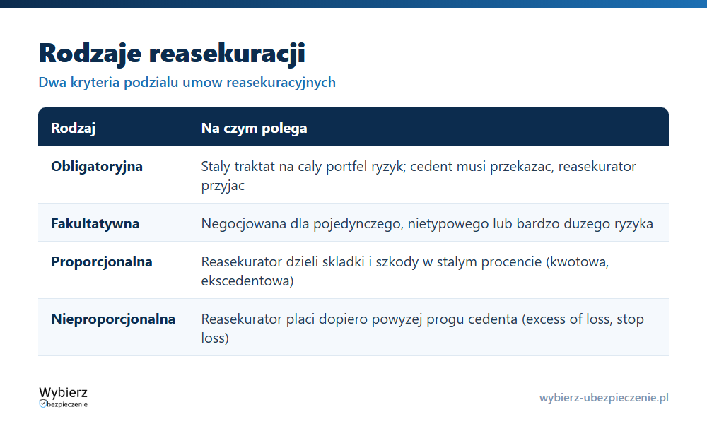 Rodzaje reasekuracji: obligatoryjna i fakultatywna oraz proporcjonalna i nieproporcjonalna z kr&oacute;tkim opisem każdej