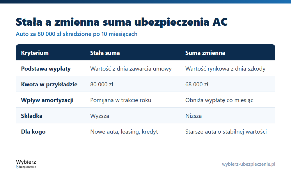 Porównanie stałej i zmiennej sumy ubezpieczenia AC na przykładzie kradzieży auta: podstawa wypłaty, kwota odszkodowania, składka i dla kogo wariant