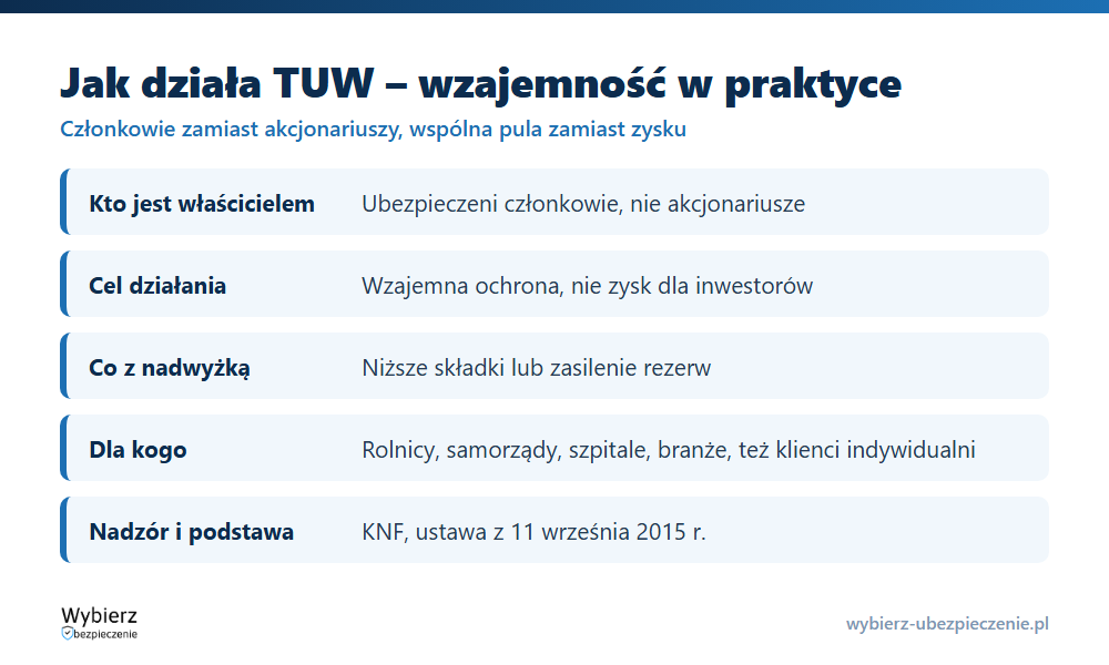 Jak działa TUW: składki członków tworzą wspólną pulę, z której pokrywane są szkody, bez zysku dla akcjonariuszy