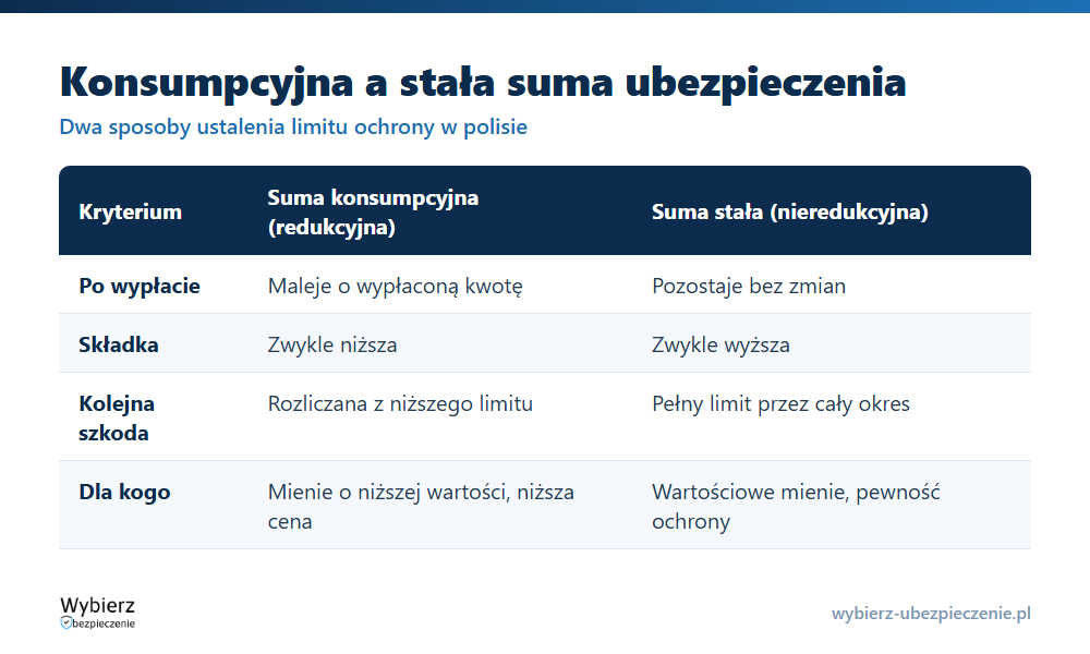 Porównanie konsumpcyjnej i stałej sumy ubezpieczenia: zachowanie po wypłacie, składka i ochrona przy kolejnej szkodzie