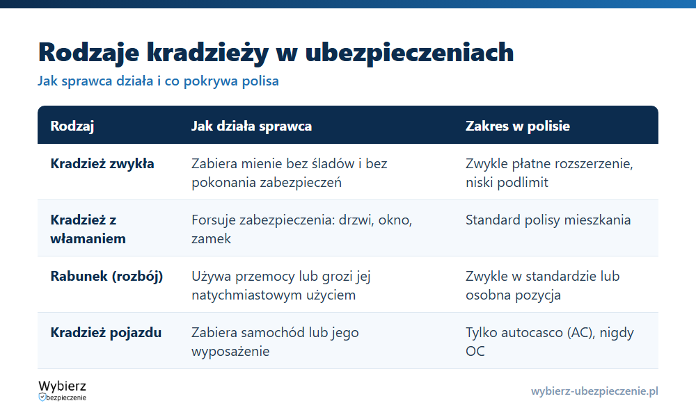 Porównanie rodzajów kradzieży w ubezpieczeniach: zwykła, z włamaniem, rabunek i kradzież pojazdu wraz z zakresem ochrony