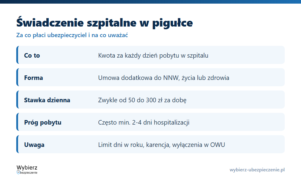 Świadczenie szpitalne z polisy: stawka dzienna, próg minimalnego pobytu, limit dni i karencja
