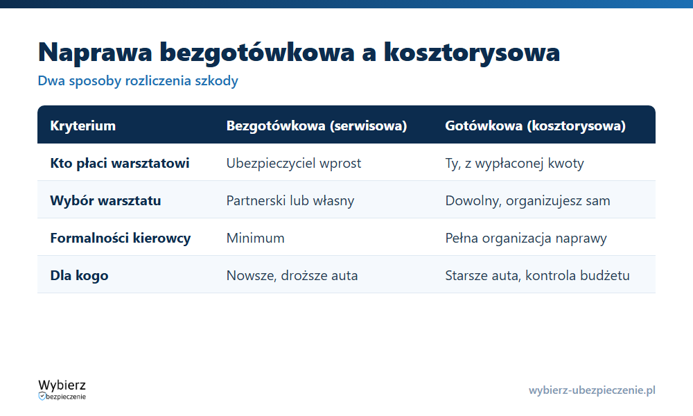 Porównanie naprawy bezgotówkowej, gotówkowej i kosztorysowej: kto płaci warsztatowi, kto wybiera części i dla kogo wariant