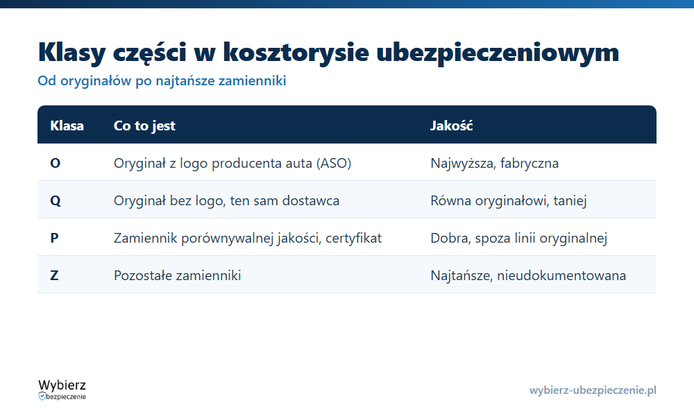 Klasy części samochodowych w kosztorysie ubezpieczeniowym: O, Q, P i Z z opisem jakości i pochodzenia