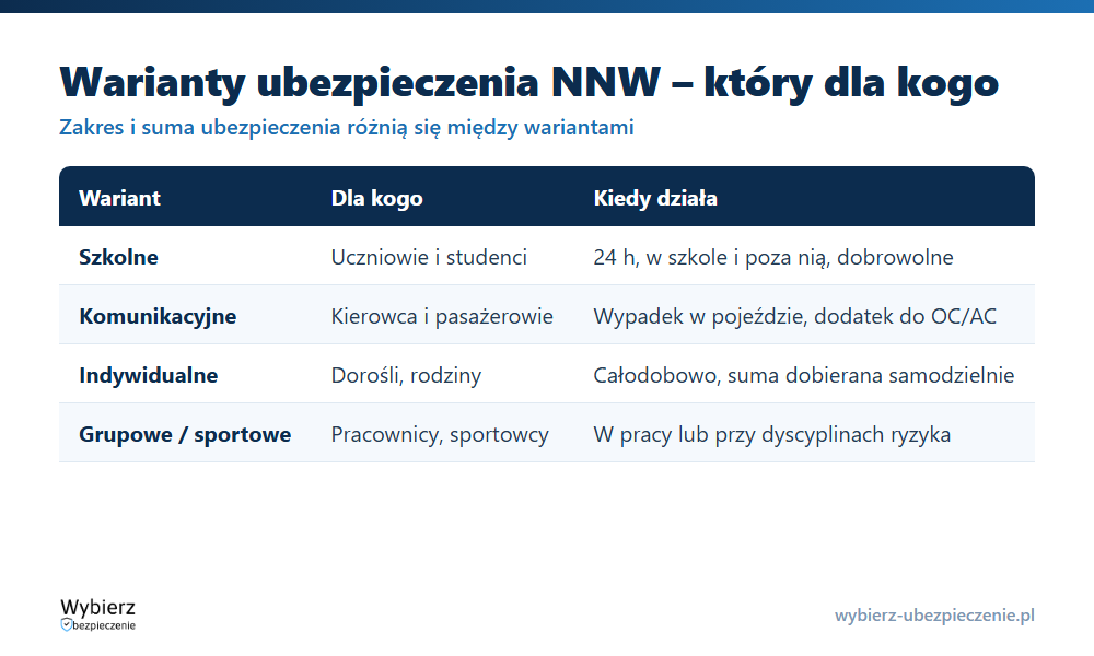 Warianty ubezpieczenia NNW: szkolne, komunikacyjne, indywidualne i grupowe z zakresem i zastosowaniem