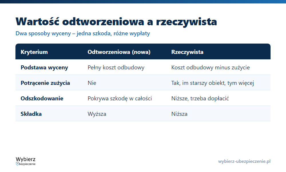 Porównanie wartości odtworzeniowej i rzeczywistej przy szkodzie: sposób wyceny, potrącenie zużycia, wysokość odszkodowania i składka